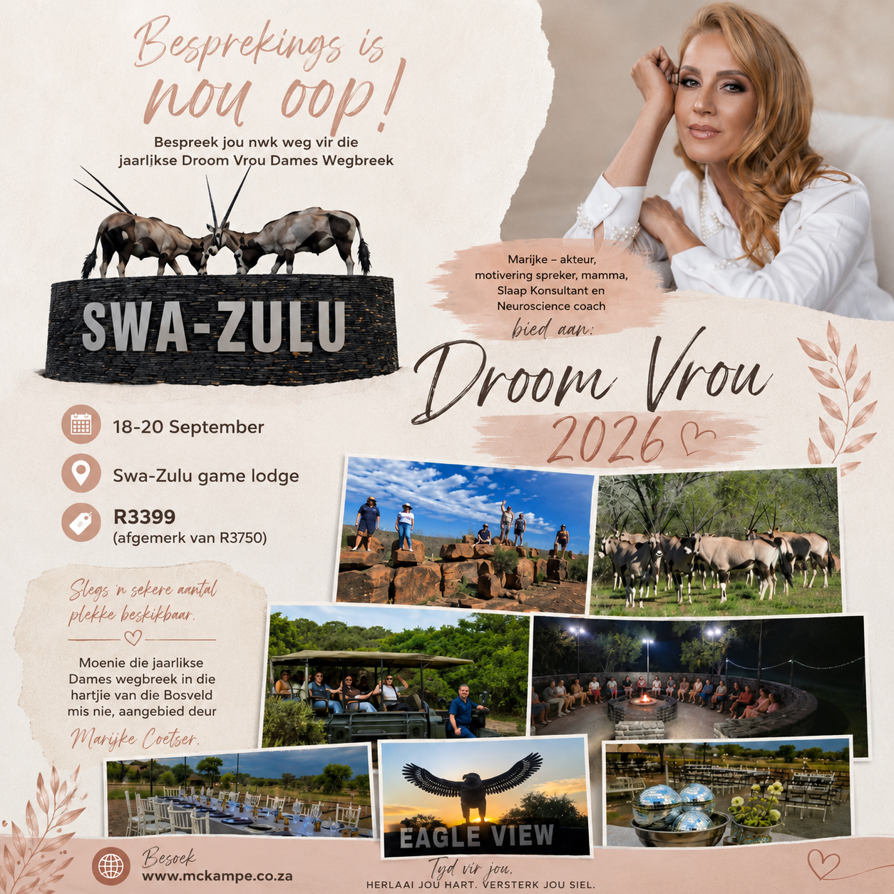 Marijke Coetser Droom Vrou 2026 dameswegbreek by Swa-Zulu Game Lodge aangebied deur MC Kampe.